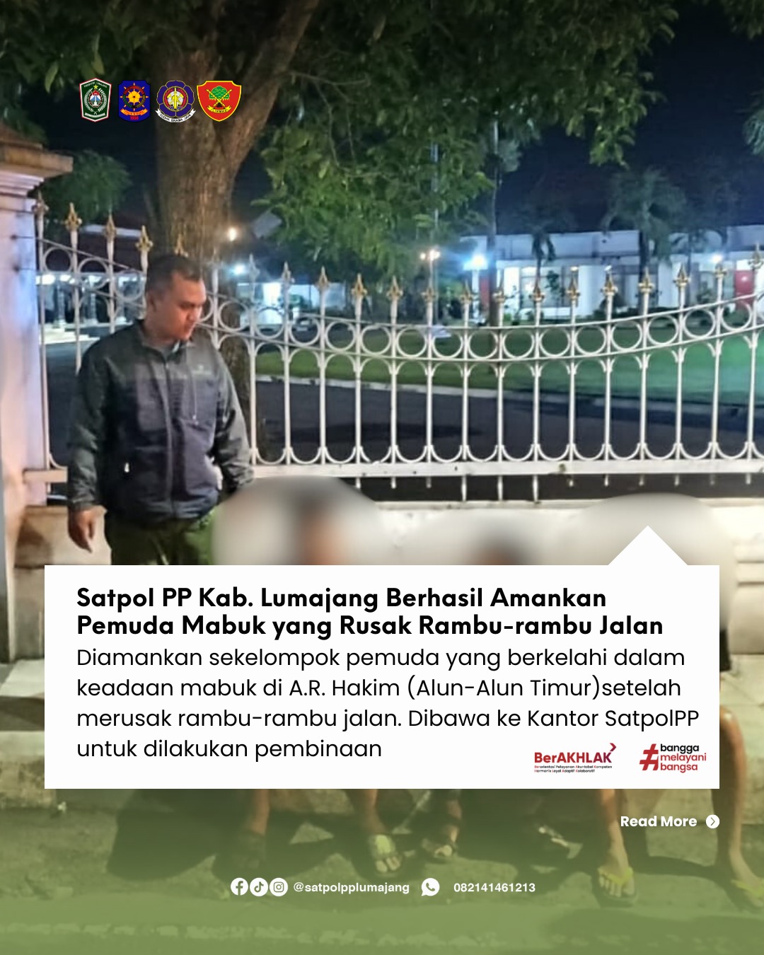 Satpol PP Kab. Lumajang Berhasil Amankan Pemuda Mabuk yang Rusak Rambu-rambu Jalan