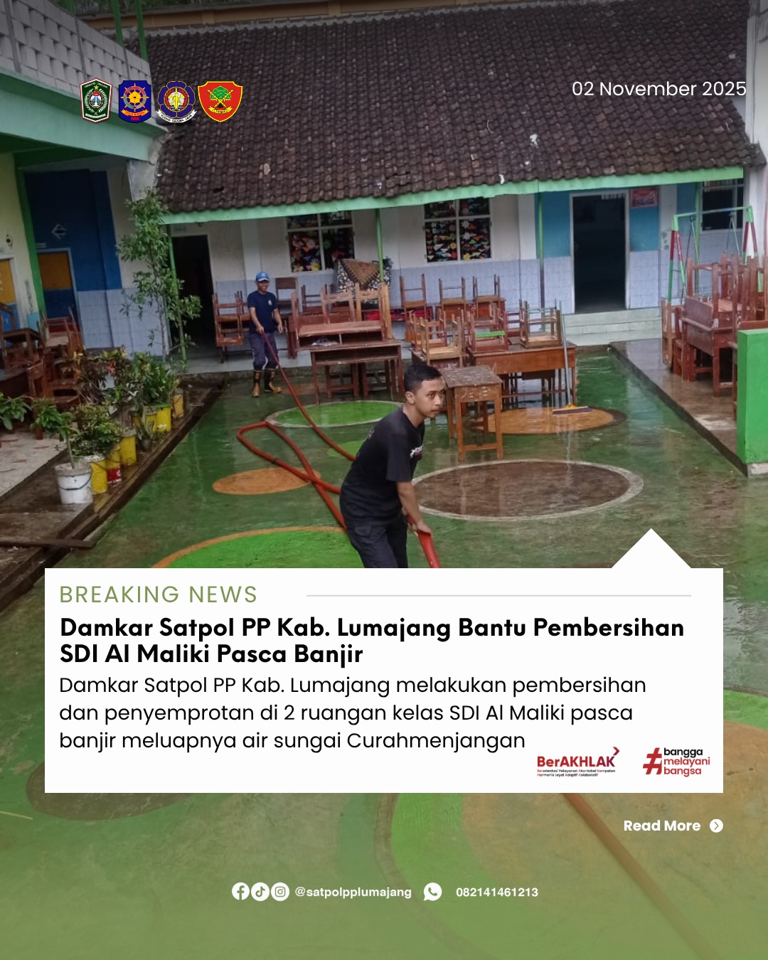 Damkar Satpol PP Kab. Lumajang Bantu Pembersihan SDI Al Maliki Pasca Banjir