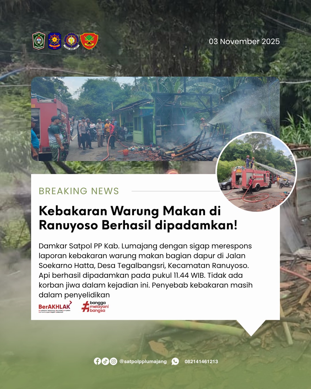 Satpol PP Kab. Lumajang Berhasil Padamkan Kebakaran Warung Makan di Ranuyoso
