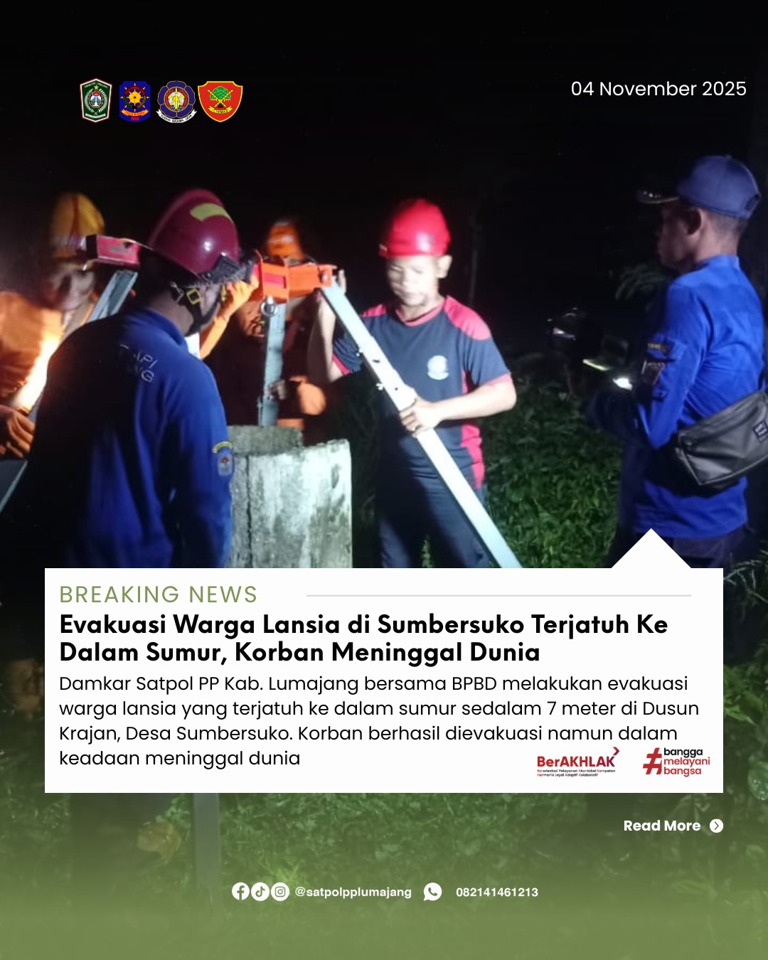 Damkar Satpol PP Kab. Lumajang Bersama BPBD Evakuasi Warga Lansia yang Jatuh ke Sumur di Sumbersuko