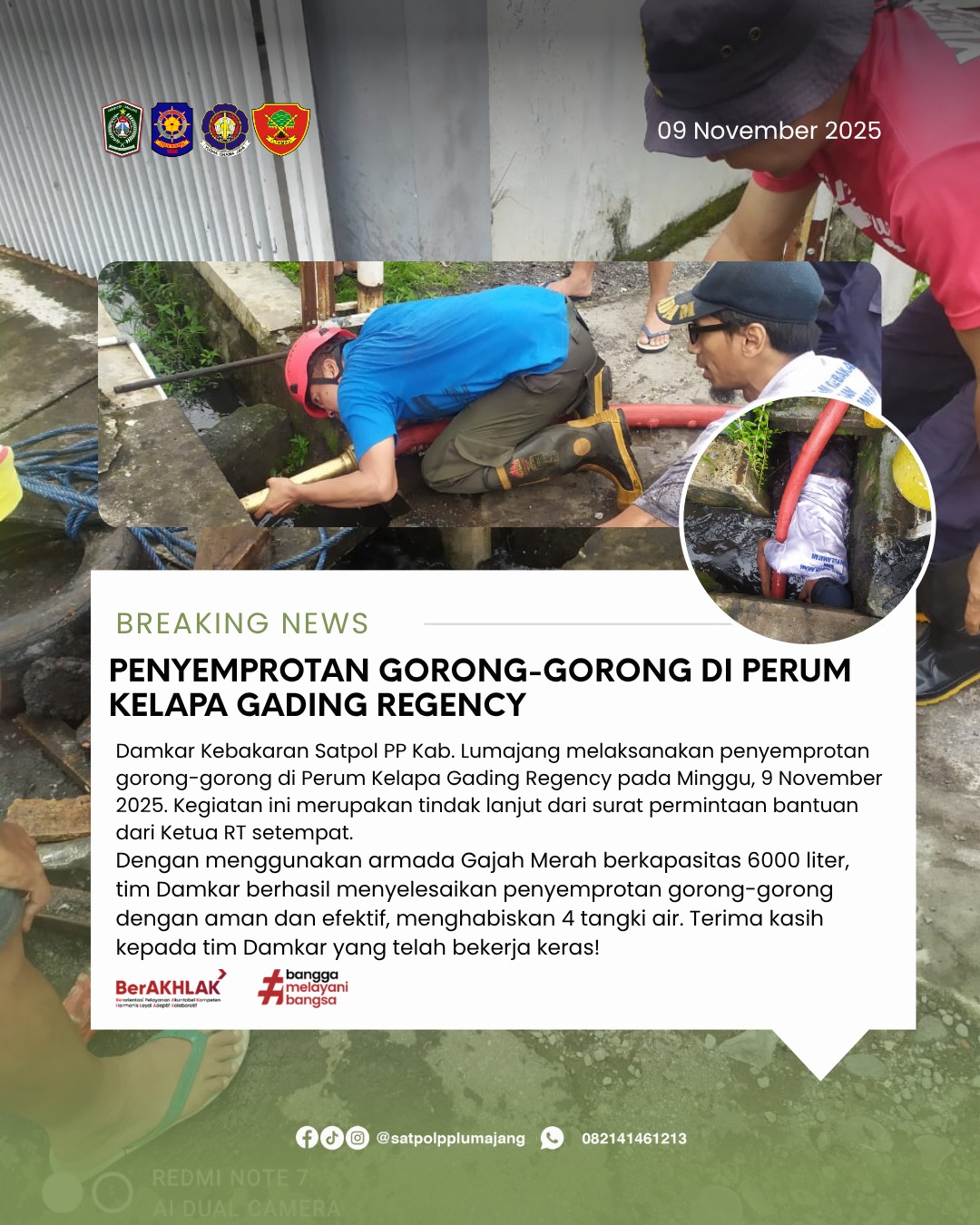 Seksi Bahaya Kebakaran Satpol PP Kab. Lumajang Laksanakan Penyemprotan Gorong-Gorong di Perum Kelapa Gading Regency