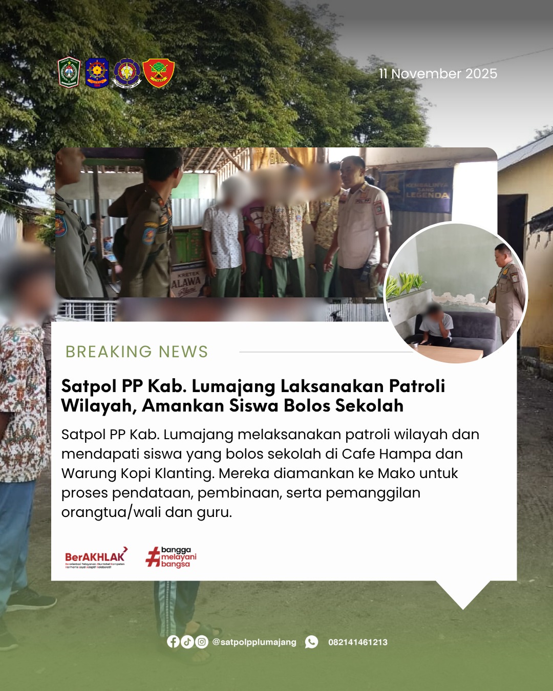 Lagi, Satpol PP Kab. Lumajang Laksanakan Patroli Wilayah, Amankan Siswa Bolos Sekolah
