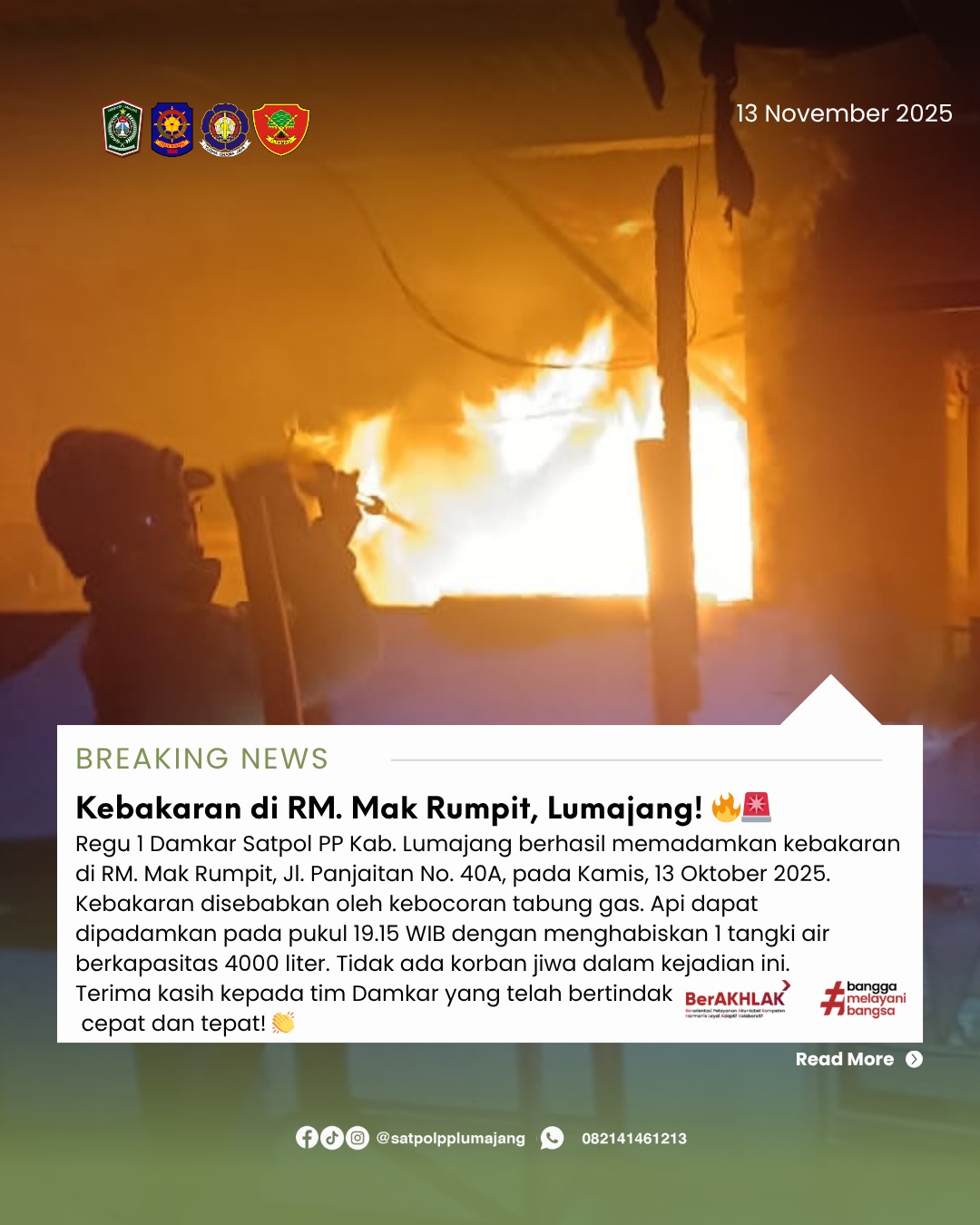 Damkar Satpol PP Kab. Lumajang Padamkan Kebakaran di RM. Mak Rumpit