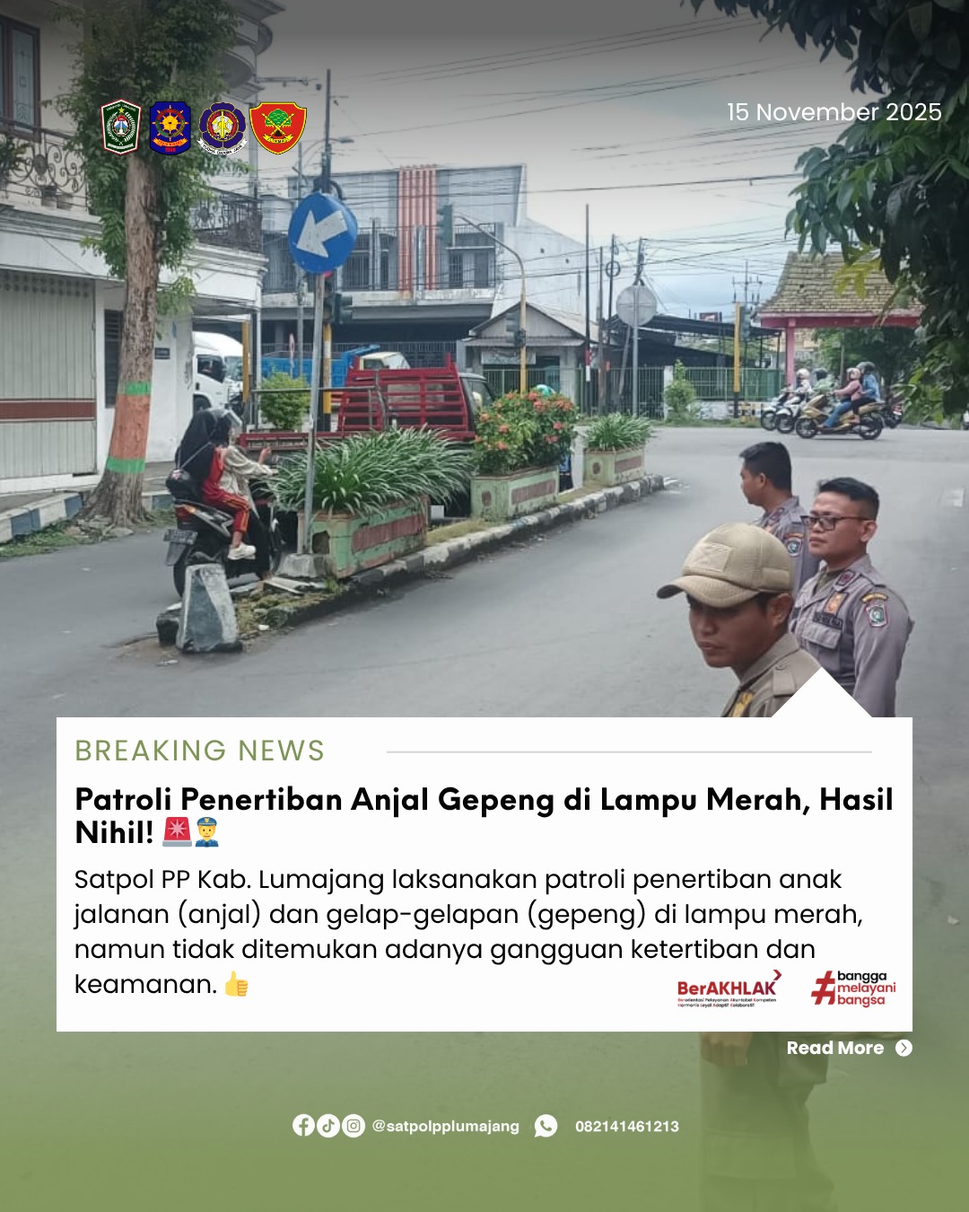 Satpol PP Kab. Lumajang Laksanakan Patroli Penertiban Anjal Gepeng di Lampu Merah, Hasil Nihil