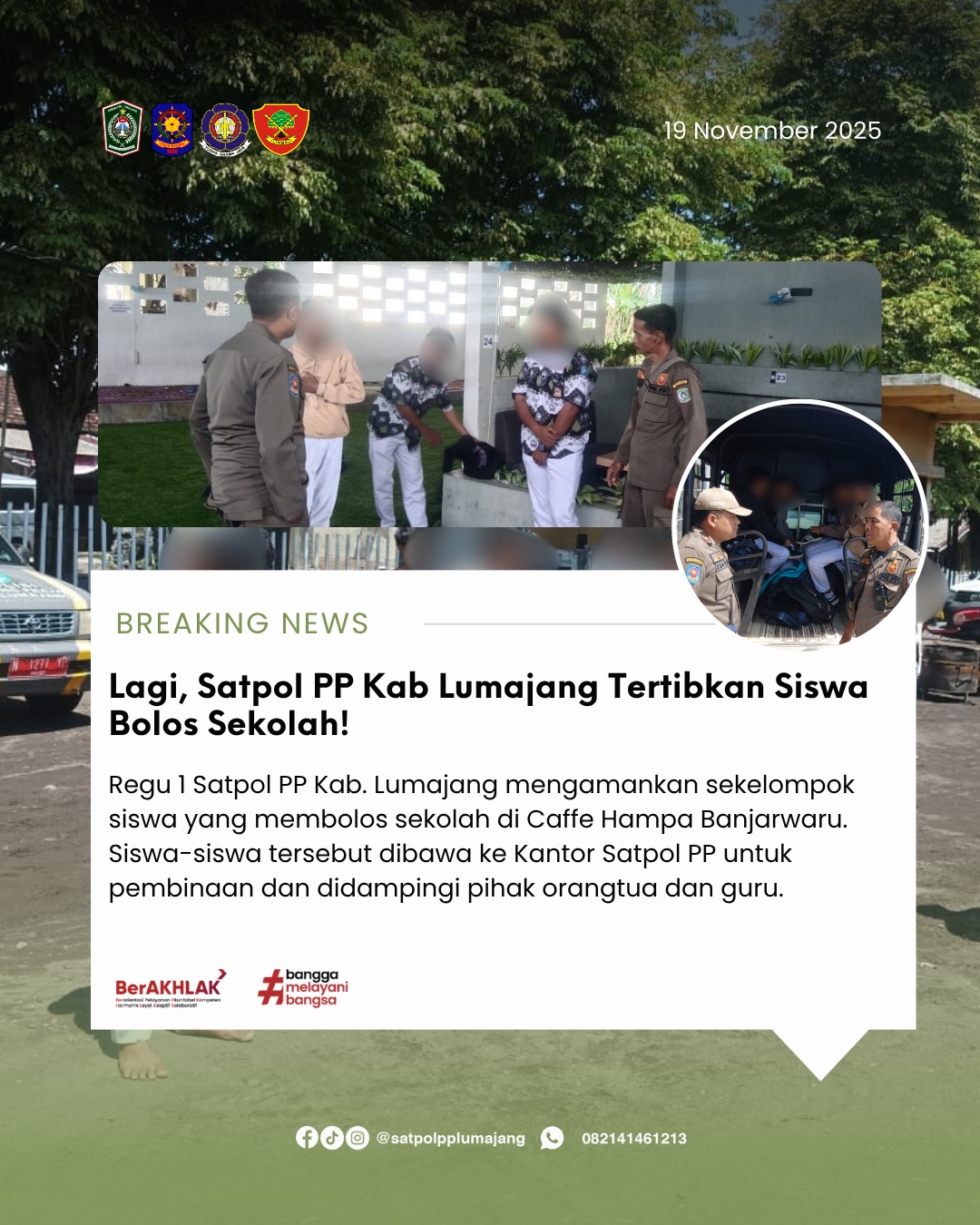 Lagi, Satpol PP Kab Lumajang Tertibkan Siswa Bolos Sekolah