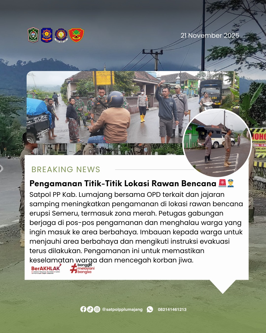 Satpol PP Kab. Lumajang Bersama OPD Terkait dan Jajaran Samping Perketat Pengamanan di Lokasi Rawan Bencana Erupsi Semeru
