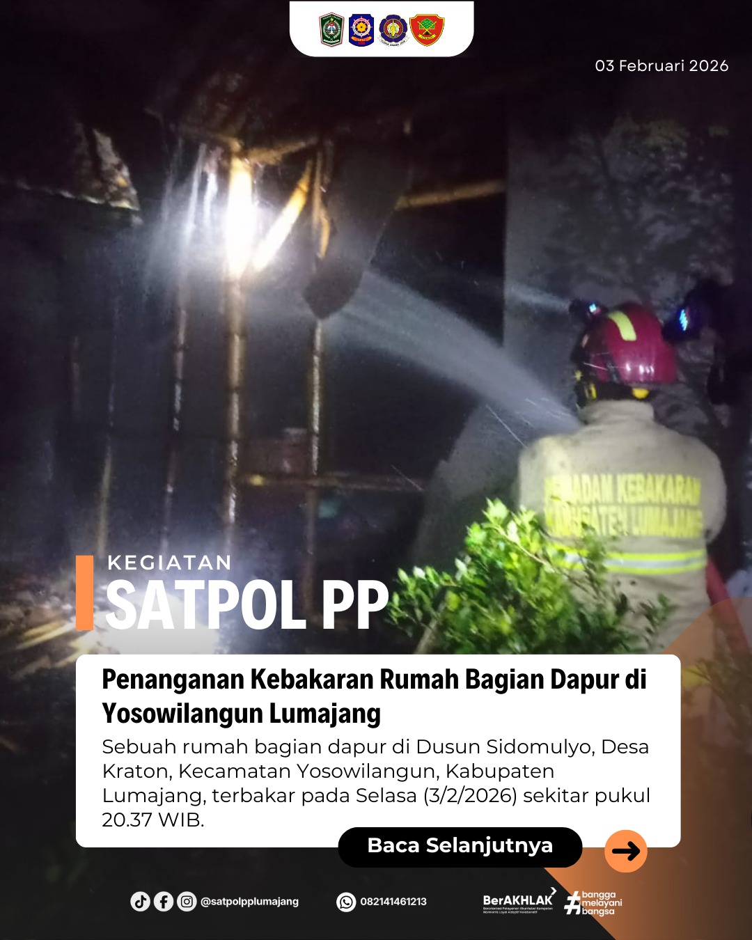 Kebakaran Rumah Bagian Dapur di Yosowilangun Lumajang