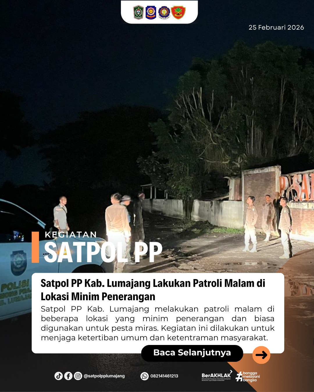 Satpol PP Kab. Lumajang Lakukan Patroli Malam di Lokasi Minim Penerangan