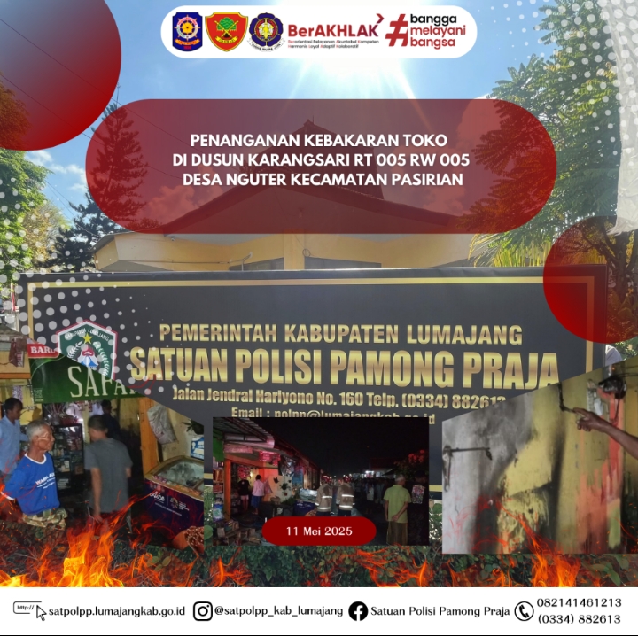 Penanganan Kebakaran Toko di Dusun Karangsari  RT 005 RW 005 Desa Nguter Kecamatan Pasirian