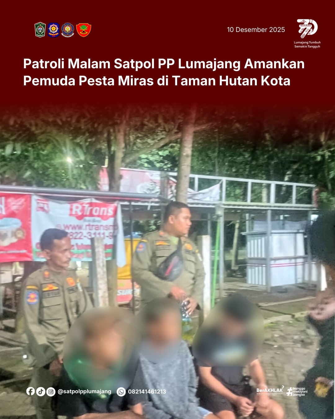Satpol PP Kabupaten Lumajang Lakukan Patroli Malam, Amankan Pemuda yang Pesta Miras di Taman Hutan Kota