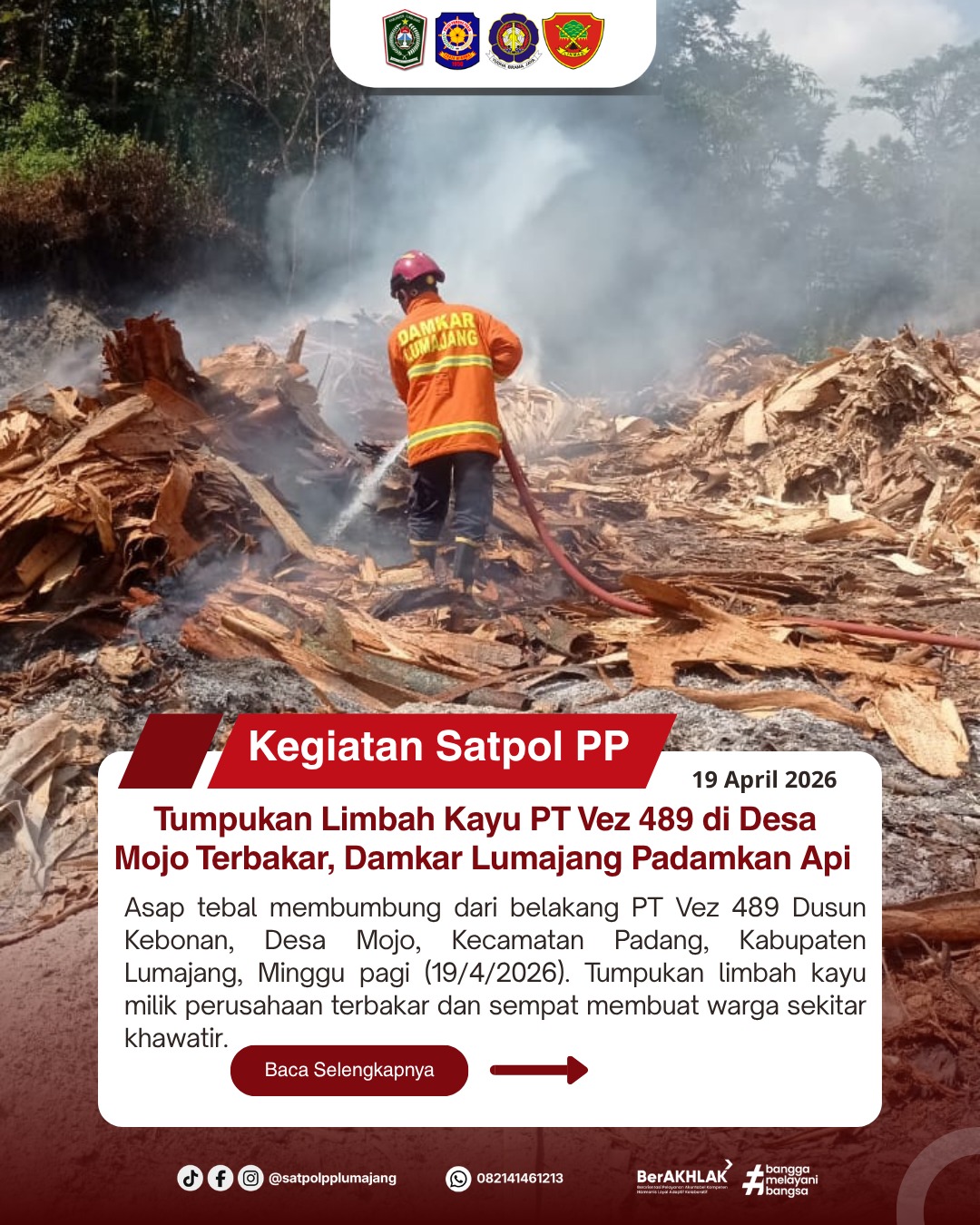 Tumpukan Limbah Kayu PT Vez 489 di Desa Mojo Terbakar, Damkar Lumajang Padamkan Api 